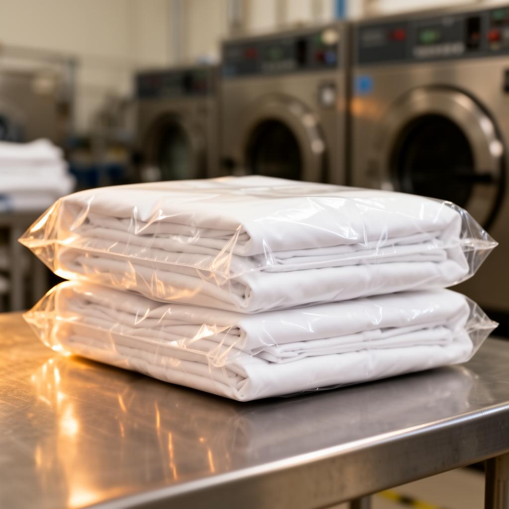 Freshly cleaned, plastic-wrapped white linens on a stainless steel surface in a commercial laundry facility